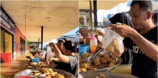 Warga Jualan Gorengan di Tengah Banjir Setinggi Dada, Santai Seperti Tak Terjadi Apa-Apa!